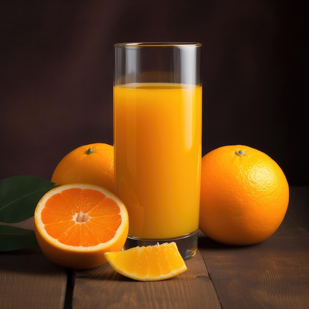 A glass of orange juice with two oranges on a table.
