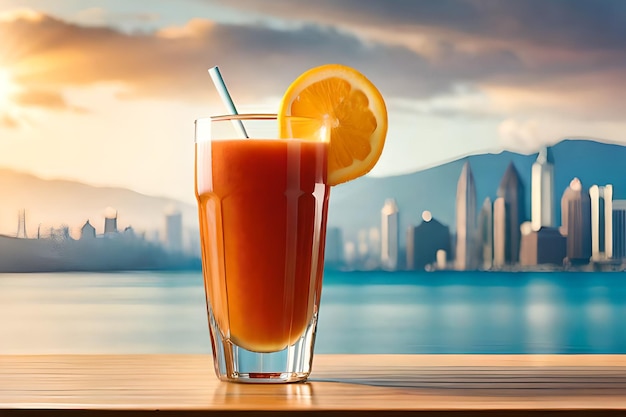 A glass of orange juice with a view of the city in the background