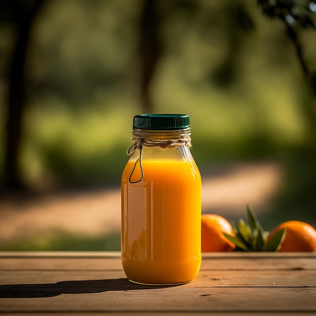 glass of orange juice on wood table background illustration images AI generated