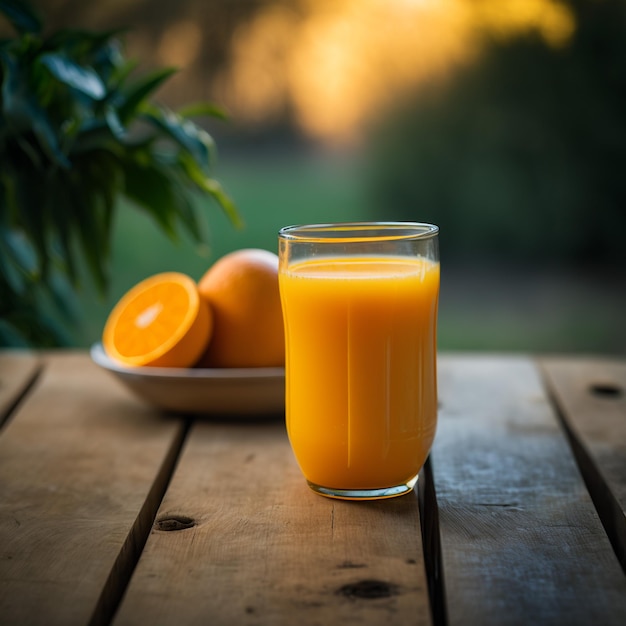 木製テーブル背景イラスト画像 AI 生成にオレンジ ジュースのグラス