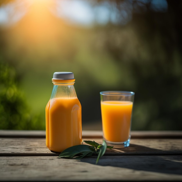 木製テーブル背景イラスト画像 AI 生成にオレンジ ジュースのグラス