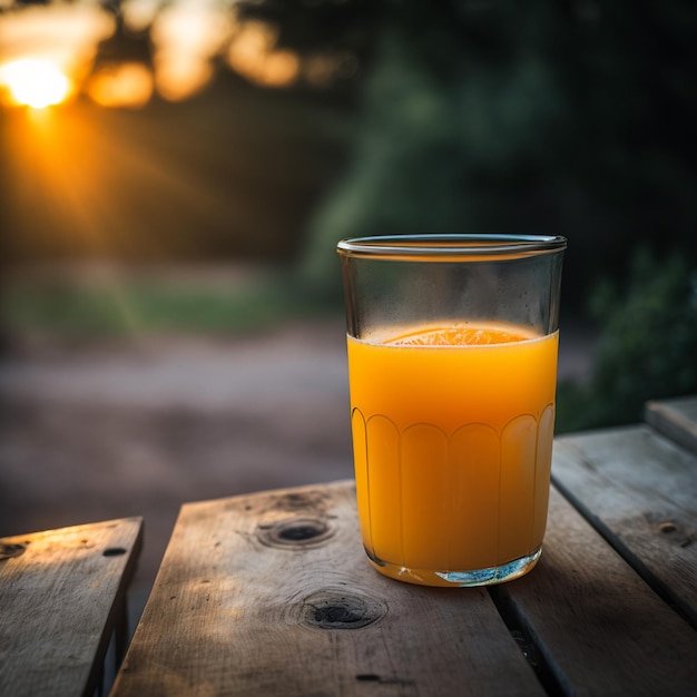 glass of orange juice on wood table background illustration images AI generated