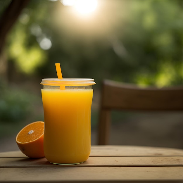 glass of orange juice on wood table background illustration images