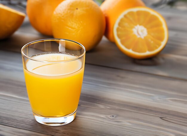 Foto un bicchiere di succo d'arancia su un tavolo di legno