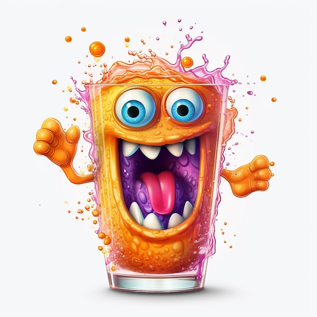 A glass of orange liquid with a monster face and purple eyes.