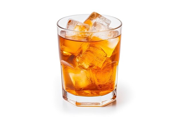 A glass of orange soda water with ice cubes on white background