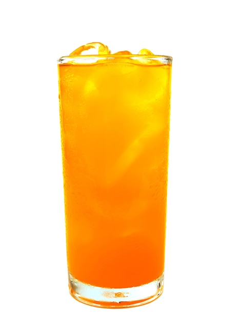 Glass of orange soda with ice isolated on white background