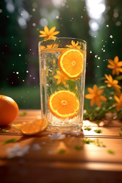 A glass of oranges and lemons with oranges on a table.