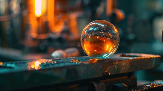 Glass orb reflecting a fiery forge craftsmanship in glassmaking