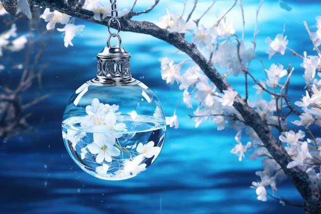 A glass ornament hanging from a tree with flowers on blue background Fragrance concept