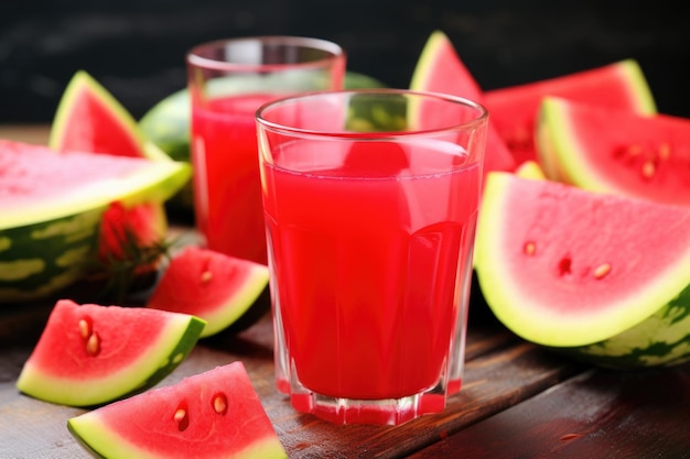 Glass overflowing with watermelon juice next to fruit slices