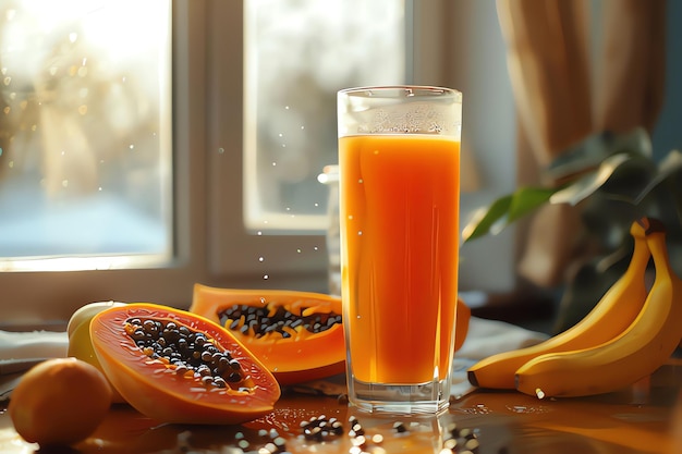 Glass of papaya juice on table in cafe closeup