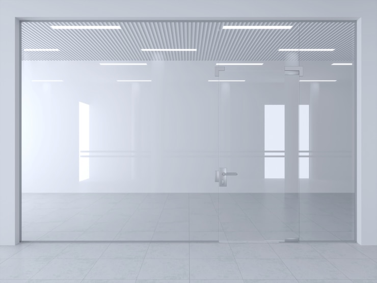 Photo glass partition and doors in office or shop hall.
