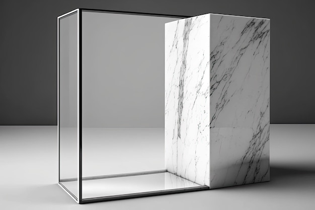 A glass partition frames a close up of an empty marble counter