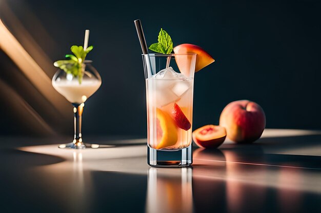 Photo a glass of peach cocktail with a straw and a slice of peach on the side.