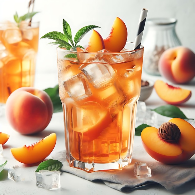 A Glass Of Peach Iced Tea On A Fruit Background