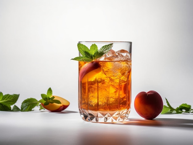 A glass of peach iced tea with mint leaves and a peach on the side.