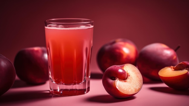 A glass of peach juice with a peach on the side