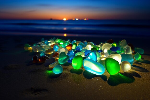 Glass pebbles on sand coastal elegance