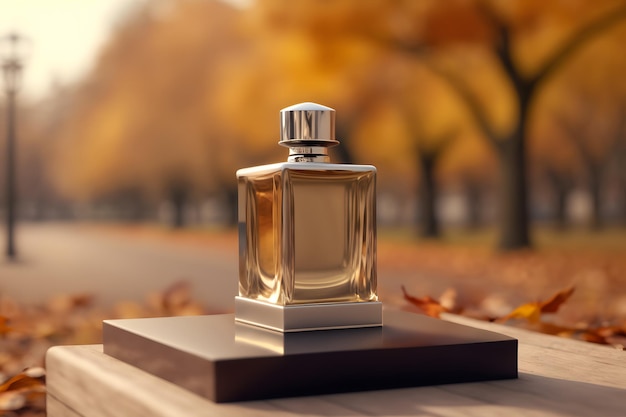 Glass perfume bottle against the backdrop of an autumn landscape Neural network generated art