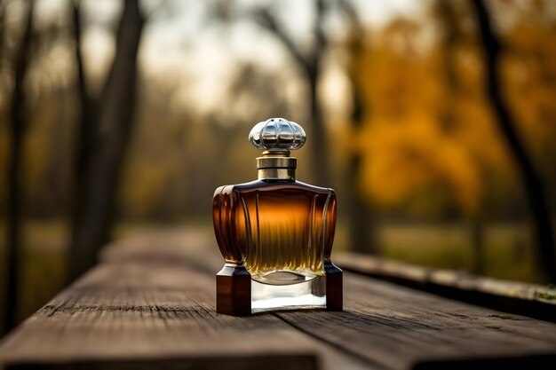 Glass perfume bottle against the backdrop of an autumn landscape Neural network generated art