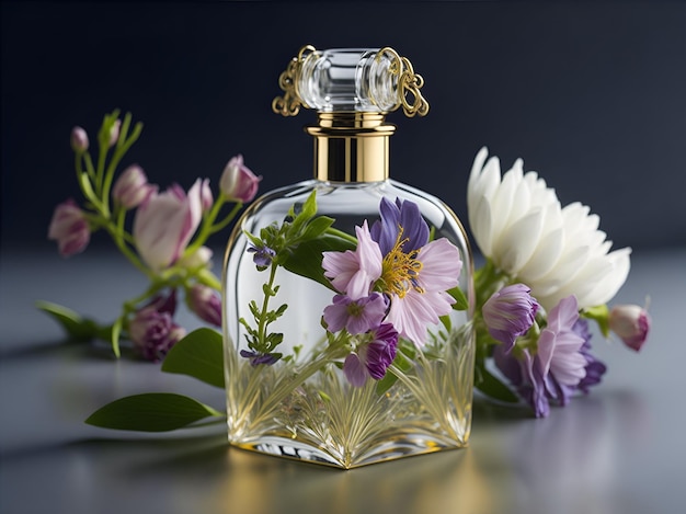 A glass perfume bottle with good decoration of flowers