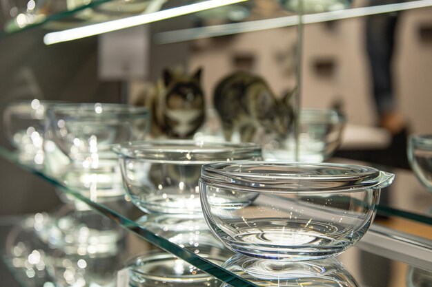 Photo glass pet bowls in a reflective display