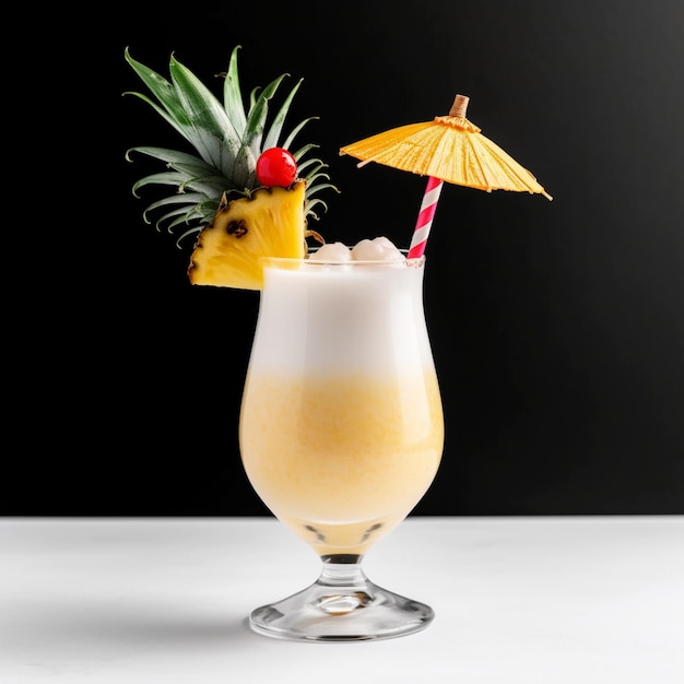 A glass of pina colada pineapple drink with a straw and a straw