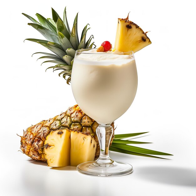 A glass of pina colada and pineapple isolated on white background