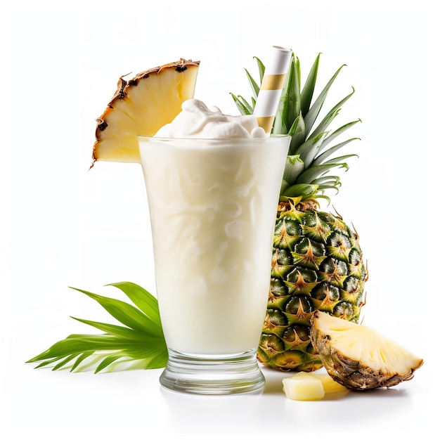 A glass of pina colada with slice of pineaapple isolated on white background