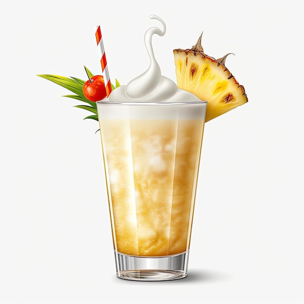 A glass of pineapple drink with a straw and a straw with a red and white straw.