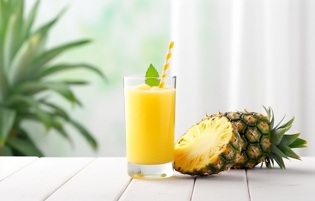 Glass pineapple juice and pineapple slices for healthy breakfast on white wooden table