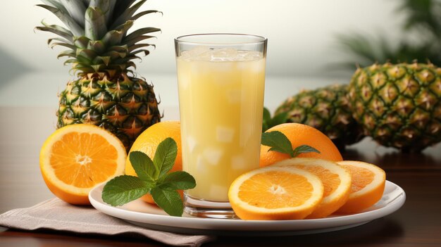Glass of pineapple juice and sliced pineapple fruits isolated on darker background