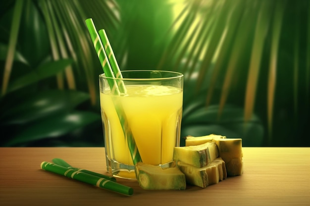 A glass of pineapple juice with a straw next to it.