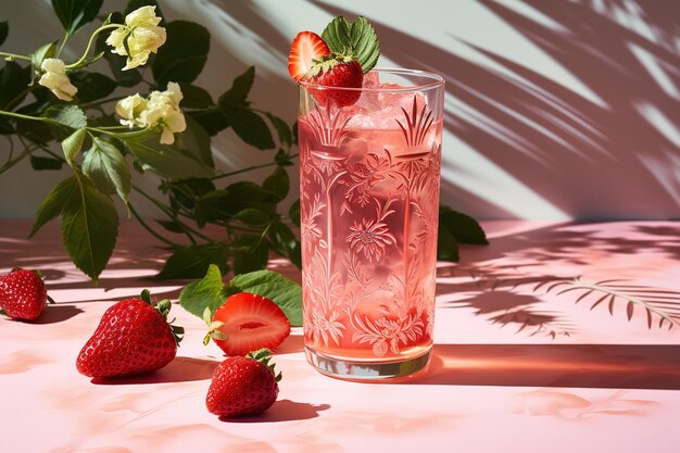 Glass of pink cocktail on a pink background and green plants with strawberries generative ai