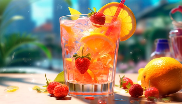 A glass of pink cocktail with strawberries and oranges on a table.