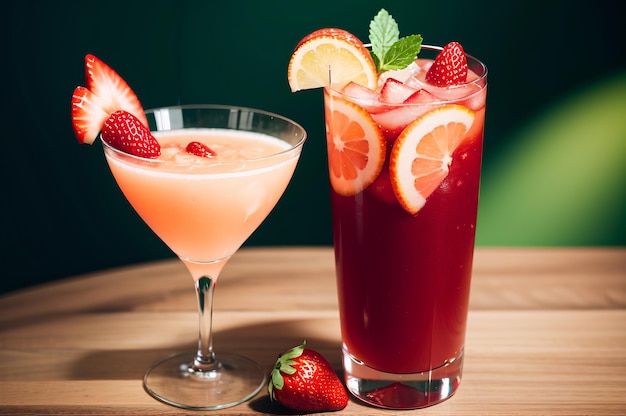 A glass of pink cocktails next to a strawberry and lemonade.