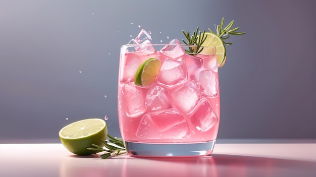 a glass of pink drink with lime and lime