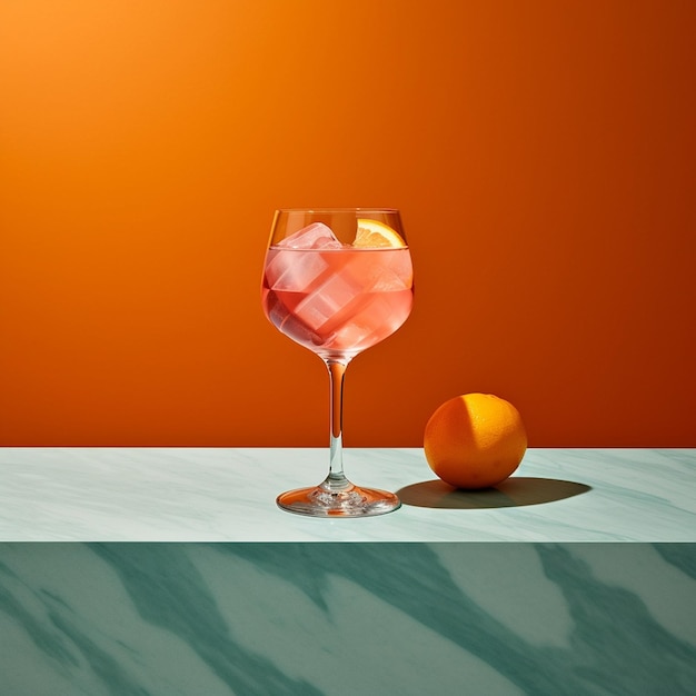 a glass of pink liquid sits on a table next to a glass of ice cubes.