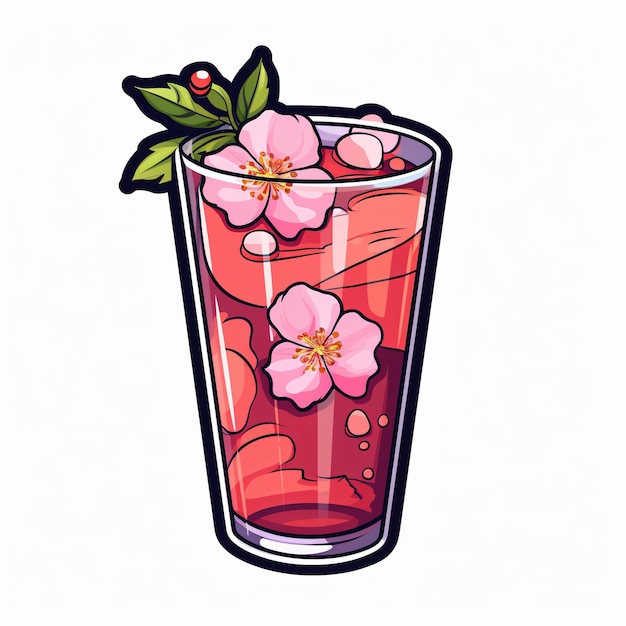 a glass of pink liquid with flowers