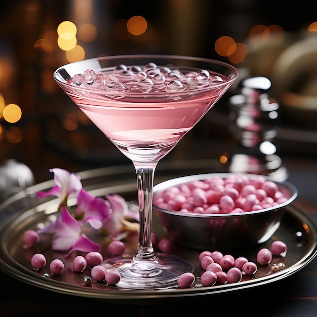 a glass of pink martini Beautiful decor in the style of Barbie Sweet alcoholic dessert decorated