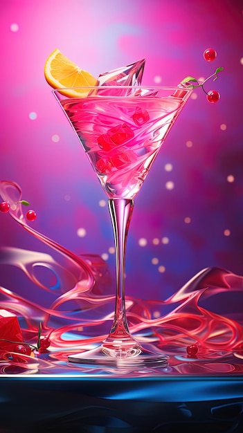 a glass of pink martini with a purple background with a place for text.