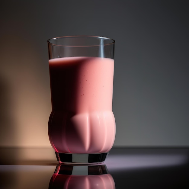 A glass of pink milk with the letter b on it