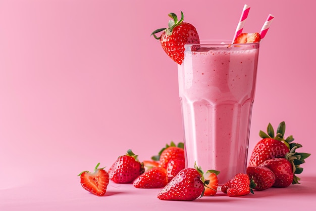 a glass of pink milkshake with strawberries