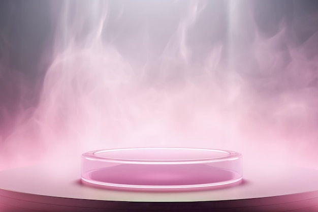 Glass pink round podium on pink table on smoke background Showcase for natural cosmetic products