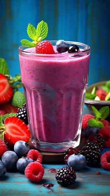 Photo a glass of pink smoothie with berries