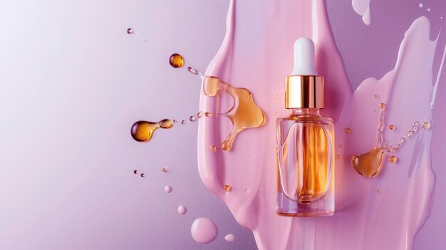 Glass pipette dropper bottle of golden face serum on an pastel purple background with splashes of serum