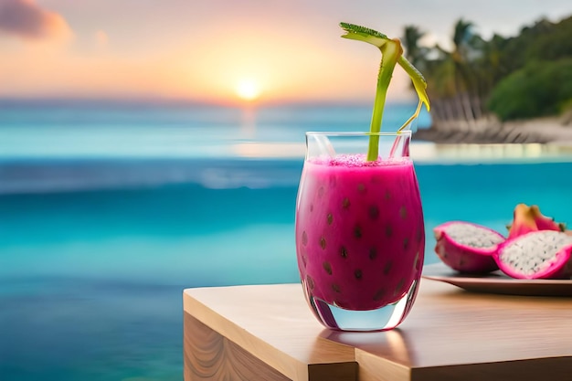 A glass of pitaya juice on a table with a beach background