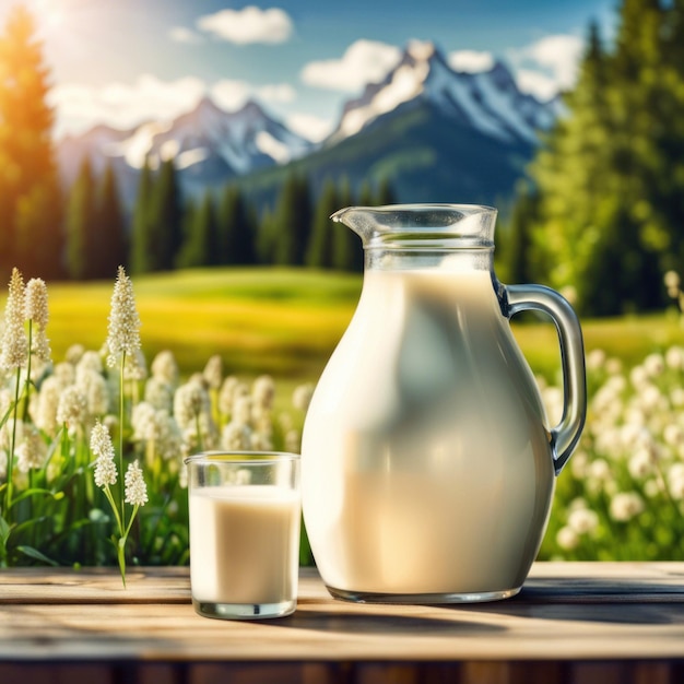 Glass and pitcher of fresh milk on wooden table with blurred background green garden background