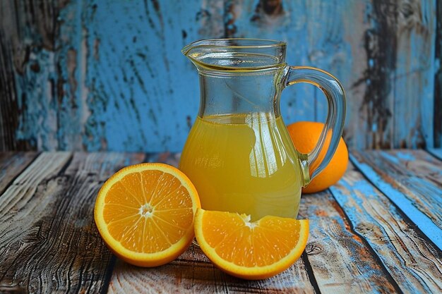 Glass pitcher of juice with slice of orange fruit